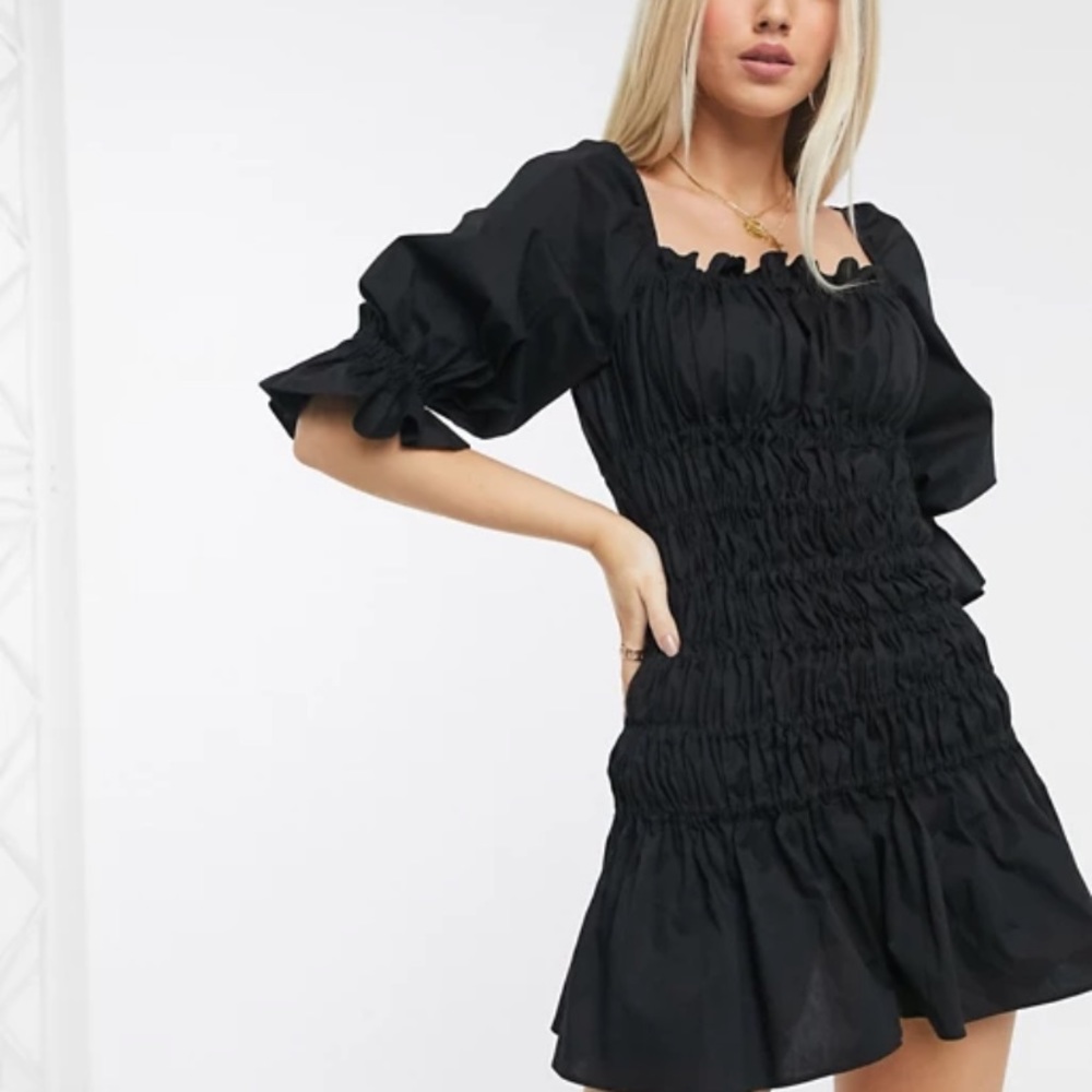 Cotton Poplin Shirred Mini Dress Lace Up Back
